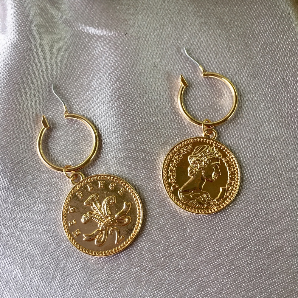 Coin Double Sided Two Pence Gold Hoop Earrings - Picture 7 of 7